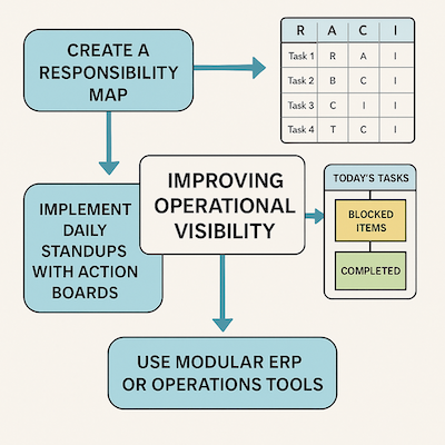 Flowchart showing three ways to improve operational visibility for SMEs: RACI matrix, daily check-ins, and simple tools