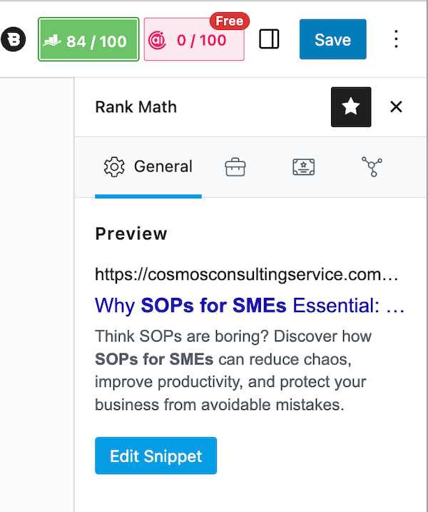SEO score improvement with Rank Math