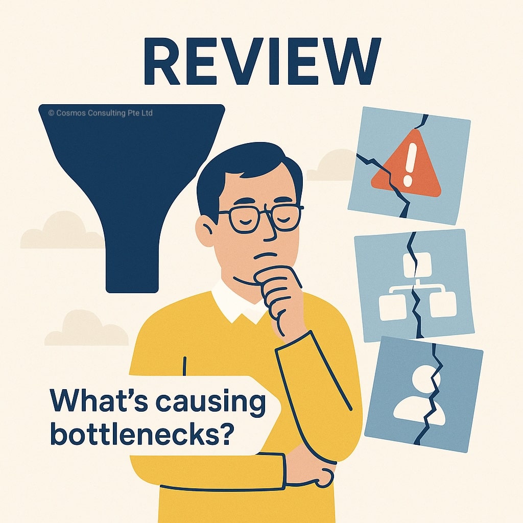 Flat illustration of founder facing SME Leadership bottlenecks, with warning signs for unclear roles, approvals, and visibility issues