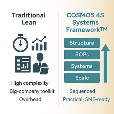 Infographic comparing traditional Lean complexity with the simplified 4S sequence — Structure, SOPs, Systems, Scale.
