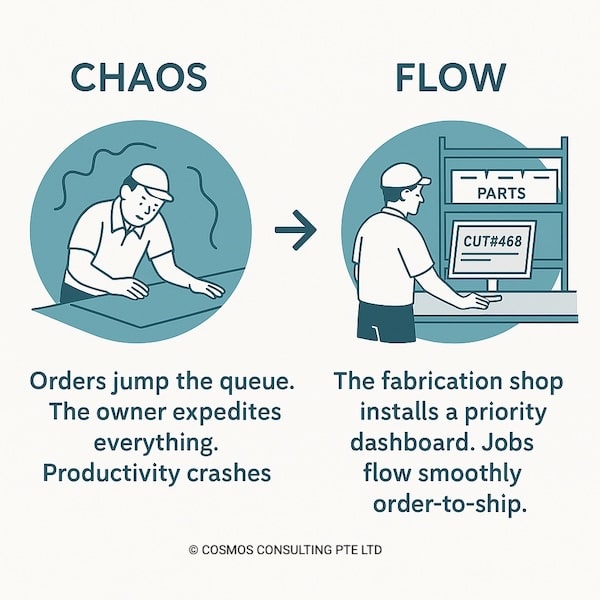 Semi-realistic illustration showing a fabrication SME team using dashboards and SOPs after applying the 4S Framework, symbolizing successful Lean implementation.