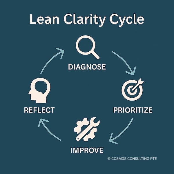 Circular diagram showing the Lean Clarity Cycle—clarity, structure, visibility, improvement—illustrating how Lean implementation in SMEs becomes sustainable.