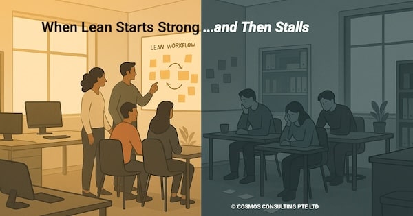 Illustration showing Lean implementation in SMEs starting energetic and later fading, contrasting early enthusiasm with later stagnation.