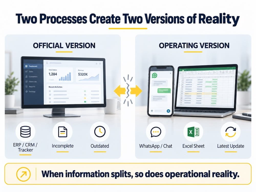Workarounds in business processes creating two versions of reality across official systems and unofficial work channels