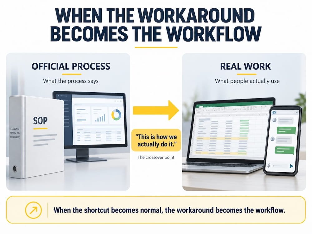 Workarounds in business processes becoming the real workflow when teams rely on unofficial routes