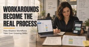 Workarounds in business processes becoming the real workflow through unofficial chats, trackers, and shadow workflows in a growing SME
