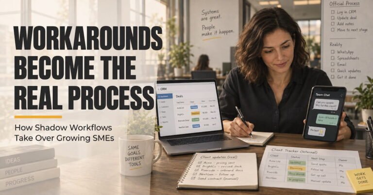 Workarounds in business processes becoming the real workflow through unofficial chats, trackers, and shadow workflows in a growing SME